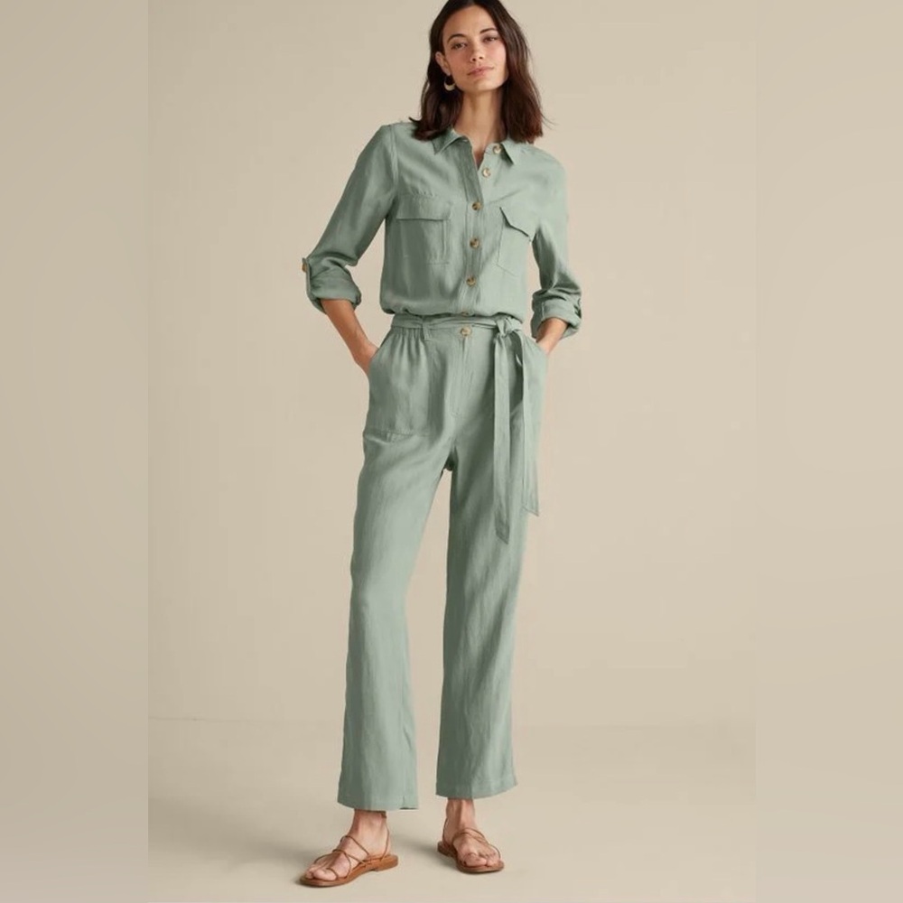 Soft Surroundings Linen Blend Kerry‎ Jumpsuit in Green Milieu Size 4 Petite